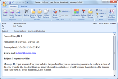 Notification email message displayed in Microsoft Outlook